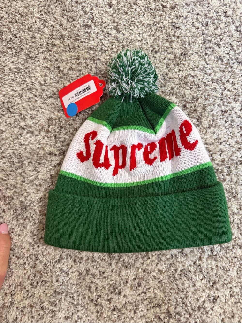Supreme Green Pom Beanie with Red Logo